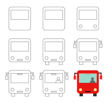 Worksheet easy guide to drawing cartoon autobus. Simple step-by-step drawing tutorial for kids.
