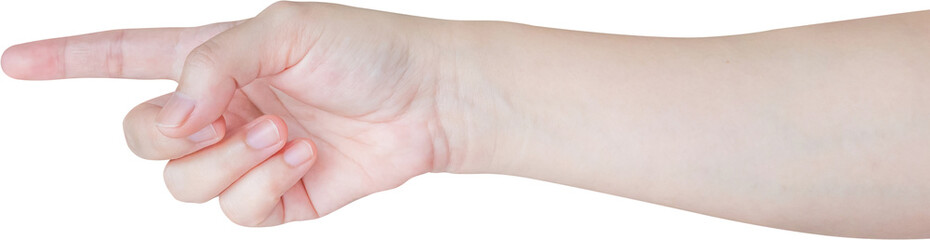 female hand touching or pointing to something isolated on white background