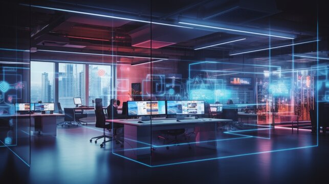 Modern neon cyberpunk open space office interior blurred with information technology overlay. Corporate strategy for finance, operations, marketing. Generative AI technology