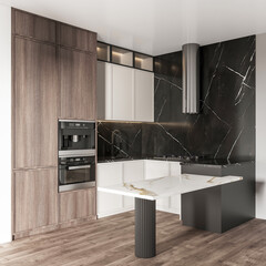 3d rendering mini kitchen with wooden cabinet and wooden floor 