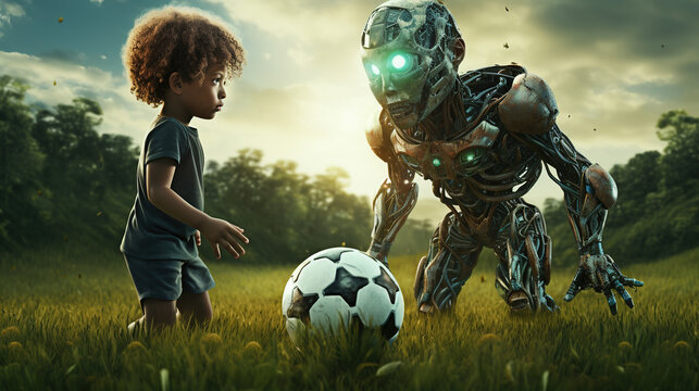 sci-fi technology, futuristic friendship, cyborg family, kid, robot, football