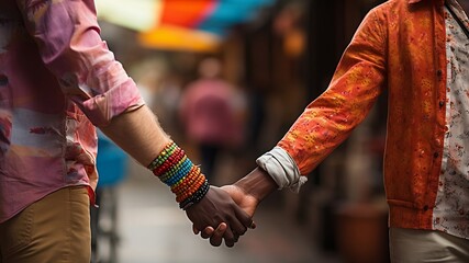 Obraz na płótnie Canvas Diverse gay couple holding hands strolling