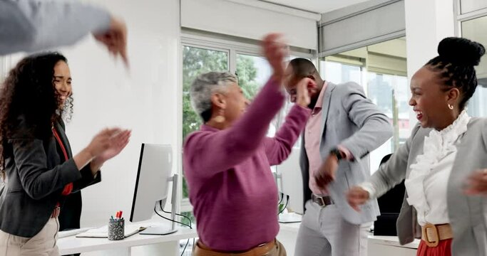 Documents in air, celebration and business people dance in office for achievement, success and victory. Teamwork, collaboration and men and women dancing, throw papers and excited for team building