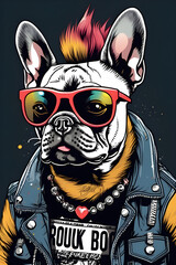 French bulldog dog dressed in punk rock rock and roll clothing and sunglasses