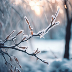 Obraz premium Charming frozen tree branches on winter background MADE OF AI