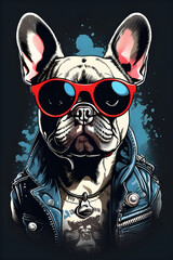 French bulldog dog dressed in punk rock rock and roll clothing and sunglasses