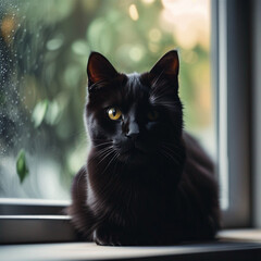 Cute black cat on windowsill MADE OF AI