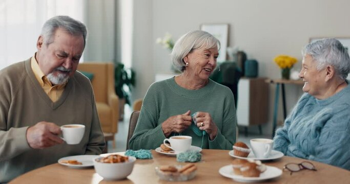Tea, old people or friends in retirement talking for support, care or trust for bonding in nursing home. Coffee, party or senior man drinking with elderly women for solidarity together to relax