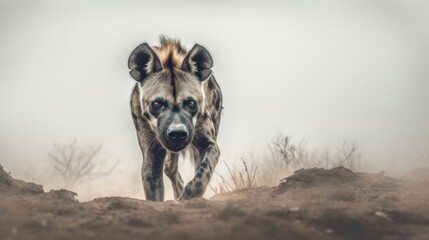 hyena in the fog looks into the frame