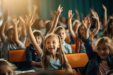 students raising their hands during class at elementary school