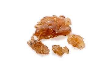 Gum arabic on white background, Pile of natural frankincense Olibanum, Incense