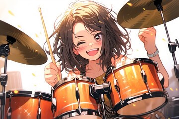 ドラムを叩く女性,Generative AI AI画像