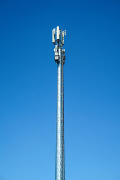 Telecommunication pole cellular gsm 5g 4g blue sky panorama