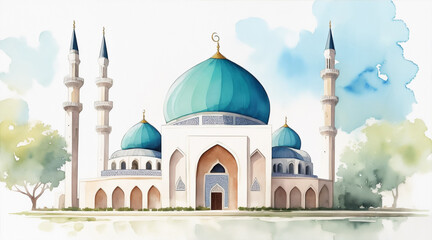 Fototapeta na wymiar A watercolor painting of a mosque. Generative AI.