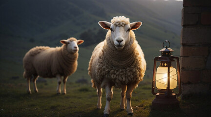 A sheep stands next to a lantern with a star on the top. Generative AI.