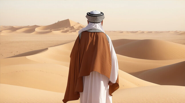 Back view of a moslem wearing hajj clothes and pilgrim hat in Arabian desert. Generative AI.