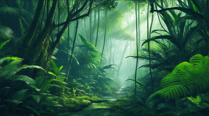 Jungle background forest nature scene futuristic. Generative AI.