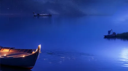 Poster Boat on the night wallpaper background landscape boating. Generative AI. © BornHappy