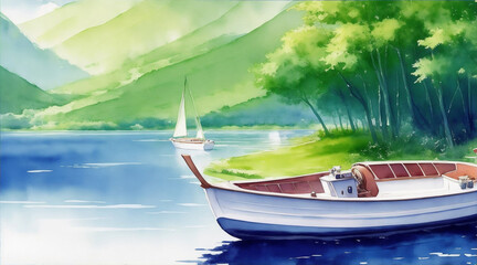 Boat on the lake watercolor oil painting wallpaper background landscape boating. Generative AI.