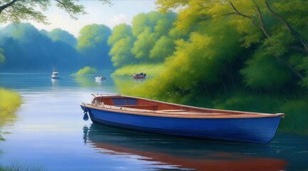 Boat on the River oil painting wallpaper background landscape boating. Generative AI.
