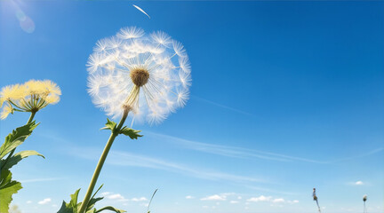 Dandelion closeup and hands of person blowing in the wind in nature against a blue sky plant. Generative AI.
