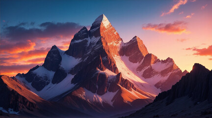 Mountain peak rises above rocky landscape sunset paints the sky. Generative AI.