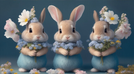 Obraz premium Three little bunnies are standing holding flowers in the style of digital painting. Generative AI.