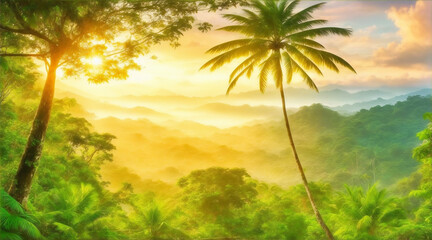 Fototapeta na wymiar Tropical rainforest beauty in nature at sunrise. Generative AI.