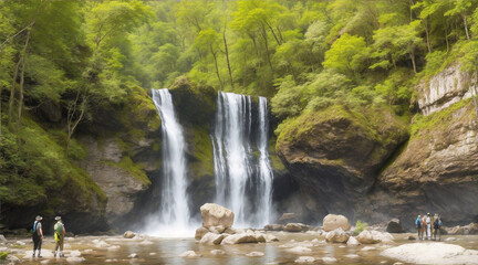 Two groups of rock formations standing at a waterfall in the forest. Generative AI.