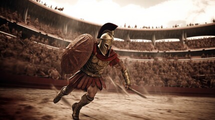 Generative AI, Realistic illustration of a fierce gladiator attacking, running. Armoured roman gladiator in combat wielding a sword charging towards his enemy. - obrazy, fototapety, plakaty