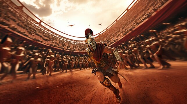 Generative AI, Realistic illustration of a fierce gladiator attacking, running. Armoured roman gladiator in combat wielding a sword charging towards his enemy.