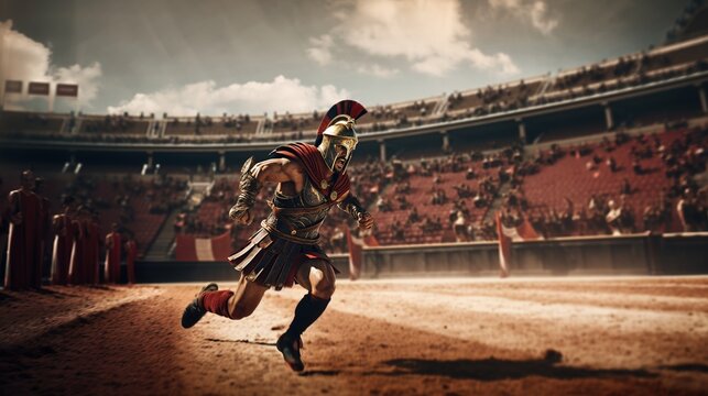 Generative AI, Realistic illustration of a fierce gladiator attacking, running. Armoured roman gladiator in combat wielding a sword charging towards his enemy.