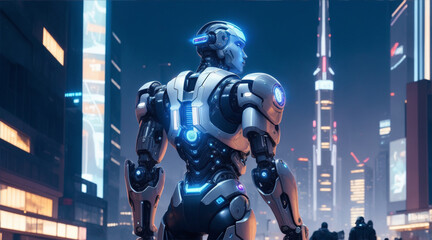 Futuristic cyborg with robotic arm stands illuminated in modern city. Generative AI.