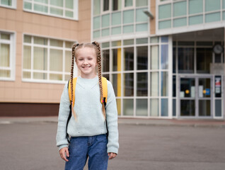 Little schoolgirl stands outside the school with a backpack on her back. Back to school. 