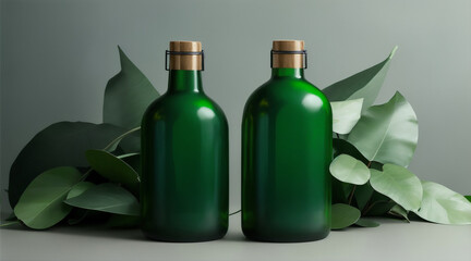 Two green bottles laying on eucalyptus leaves in the style of industrial and product design. Generative AI.