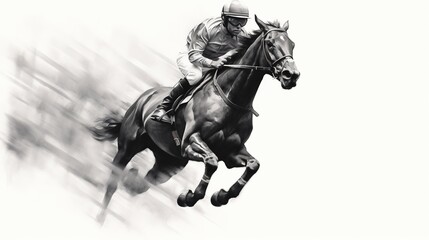 Generative AI, Ink painted racing horse with jockey, equestrian sport, monochrome illustration