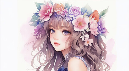 A detailed illustration of a beautiful girl wearing a hat watercolor art. Generative AI.