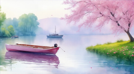 Boat on the lake of rose petal dropping watercolor oil painting wallpaper background landscape boating wallpaper. Generative AI.
