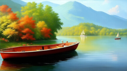 Boat on the lake oil painting wallpaper background landscape boating wallpaper. Generative AI.