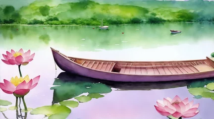Deurstickers Boat on the lotus lake watercolor oil painting wallpaper background landscape boating wallpaper. Generative AI. © BornHappy