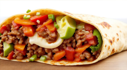 A burrito with meat and vegetables on it. Generative AI.