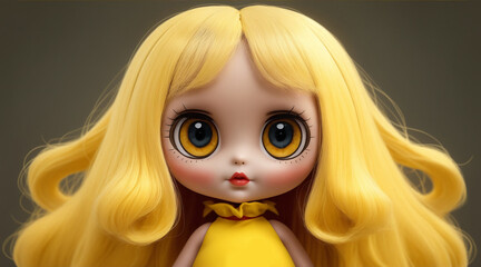 A cute cartoon of a doll with big yellow eyes and long hair. Generative AI.