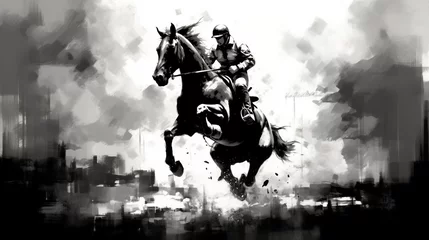 Fototapeten Generative AI, Ink painted racing horse with jockey, equestrian sport, monochrome illustration © DELstudio