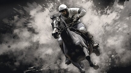 Fototapeta premium Generative AI, Ink painted racing horse with jockey, equestrian sport, monochrome illustration