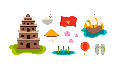 Set with symbols of Vietnam. Noodles, tower, flag, lilies, lantern, rice, boat, flip flops, Asian hat. Vector illustration on a white background. 