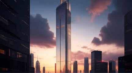Tall steel skyscraper reflects modern city life at dusk. Generative AI.