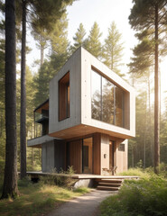 A modern home nestled in a lush forest, constructed of concrete and wood, with warm, inviting light spilling out from the windows. Generative AI