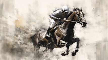 Generative AI, Ink painted racing horse with jockey, equestrian sport, monochrome illustration