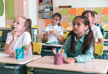 Fototapeta premium Elementary School and People Concept. Diverse excited group of emotional happy junior school kids sitting at desks in classroom