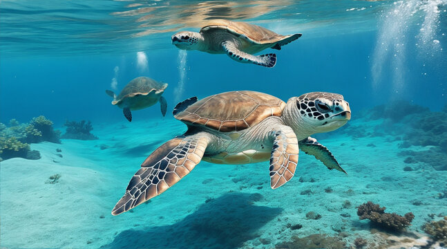 Swimming with sea turtles in tropical reef. Generative AI.